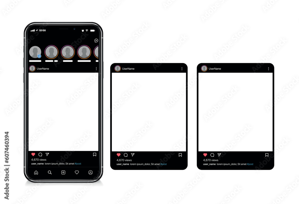 Poster The mockup of the mobile application on the screen of a realistic smartphone. Phone with carousel interface post on social network. Vector illustration
