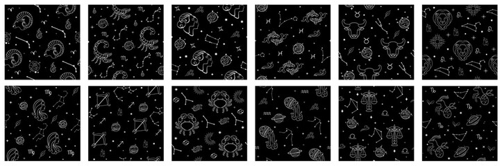Set of patterns of zodiac signs, constellations, stars of the zodiac signs. Aries, Taurus, Gemini, Cancer, Leo, Virgo, Libra, Scorpio, Sagittarius, Capricorn, Aquarius and Pisces planets. vector.  © Paulina