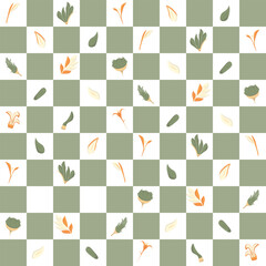 hand drawn seamless pattern green and orange leaves different forms on chessboard. Vector flat illustraton