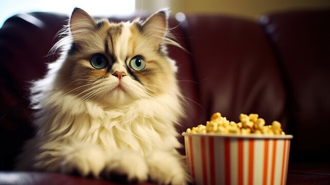 funny cat looking at movie with popcorn , generative ai