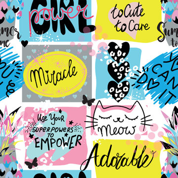 Girls seamless pattern with calligraphic slogan, hearts, words  . background for texylie, graphic tees, kids wear. Wallpaper for teenager girls. Fashion style