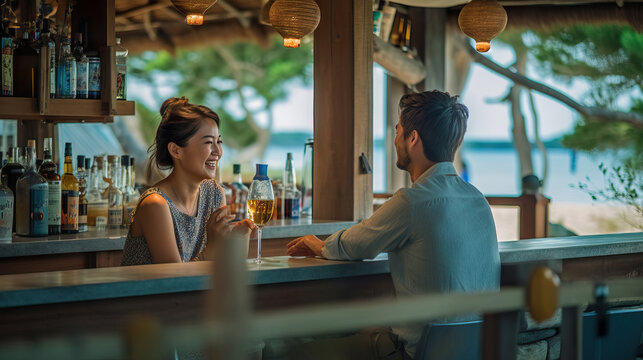 A fictional person.  Intimate Moment Between Couple at Beach Bar