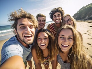 Obraz premium A fictional person. Joyful Friends Taking Selfie on Pristine Beach