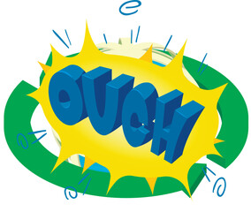 Ouch icon isometric vector. Speech bubble with lettering ouch and green arrow. Comic speech bubble