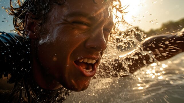A fictional person.  Determined Surfer Emerging from the Water with Surfboard