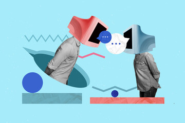 Collage picture of two black white gamma people pc monitor instead head communicate dialogue bubble isolated on blue background