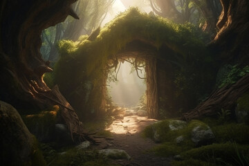 Fantasy concept. Old forest and ancient round ruins, doors or portal to other dimension. Generative AI