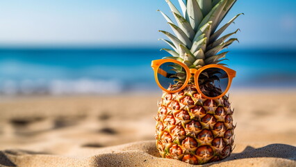 Pineapple with sunglasses on tropical beach. Generative AI.