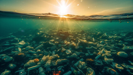 Plastic floating in the ocean, pollution in ocean, microplastics, sunlight with Generative AI.
