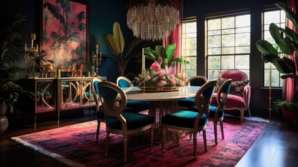 Interior design inspiration of Eclectic Glam style home dining room loveliness decorated with Velvet and Brass material and Statement Art .Generative AI home interior design .
