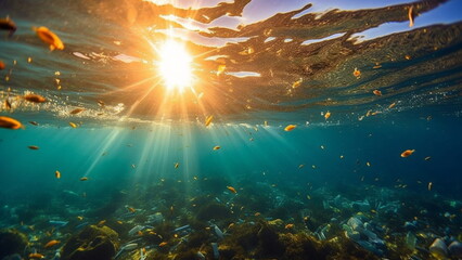 Fototapeta na wymiar Plastic floating in the ocean, pollution in ocean, microplastics, sunlight with Generative AI.