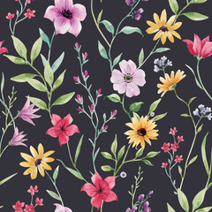 Beautiful seamless pattern with watercolor hand drawn colorful flowers. Stock illustration.