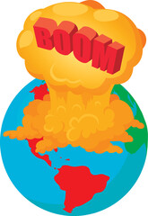 Boom icon isometric vector. Cloud explosion with lettering boom on planet earth. Comic speech bubble