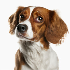 Adorable cute brittany spaniel dog portrait with the curiosity and innocent look as concept of happy domestic pet in ravishing hyper realistic detail isolated on white background by Generative AI. - obrazy, fototapety, plakaty