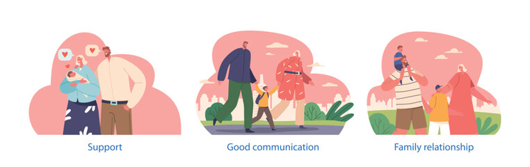 Joyful And United Happy Family Isolated Elements. Parents and Child Characters Radiates Love, And Support, Illustration