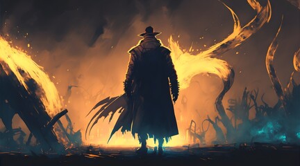 mysterious man in a trench coat with a monster arm standing against the burning night, digital art style, illustration painting, Generative AI