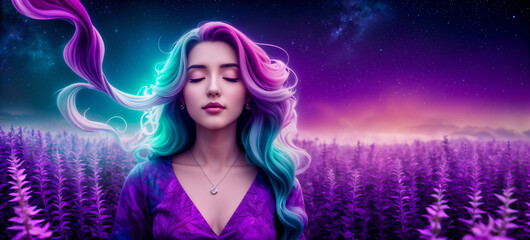 Dreamlike Reverie: A Woman with Hair Blowing in the Wind, Serene Journey through Salvia divinorum's Landscape.