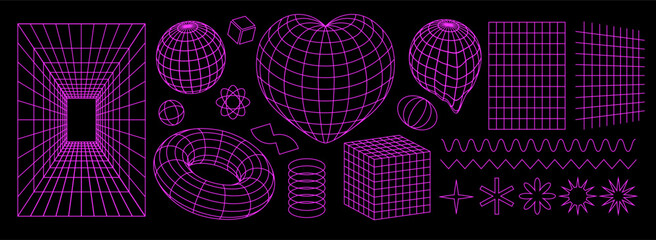 Geometry wireframe shapes and grids in neon pink color. Surreal geometric shapes, cyberpunk elements in trendy psychedelic rave style. 00s Y2k retro futuristic aesthetic.