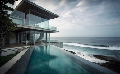 Fototapeta na wymiar Modern luxury villa with pool on Bali beach. Eco house design concept by the sea, copy space. AI generated.