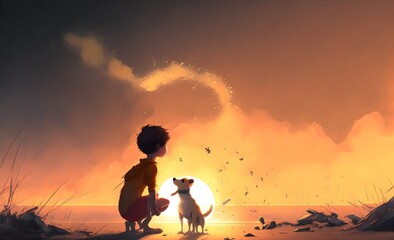 Puppy looking at the boy shattering into dust against the sutset background, digital art style, illustration painting, Generative AI