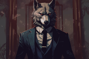 Cool Wolf in strict suit and tie. Business concept. Fashionable animals. Serious and scary. Dangerous. Head. Boss. The Butler with red eyes. Portrait. Isolated on solid dark background. 3D art