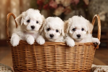 Group of Adorable White Poodle Puppies Sitting in a Basket, Generative AI