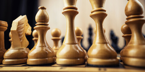 White wooden chess pieces located on chessboard during friendly game. Chess is mentally stressful sport.