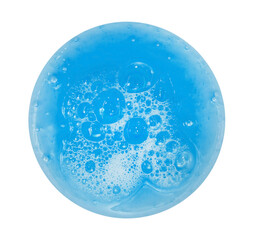 Soap foam with round shape bubbles on a white background. Shampoo or detergent drops isolate