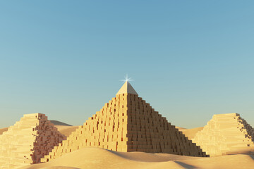 Fototapeta na wymiar Abstract Desert Dune cliff sand with Egyptian Pyramid and clean blue sky. Surreal minimal Desert natural landscape background. Scene of Sands with glossy metallic arches geometric design. 3D Render.