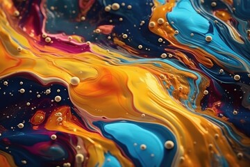 Abstract fluid background in tetriadic colors, mixed media, forming abstract surreal macro landscape, generated with AI, retouched with Photoshop