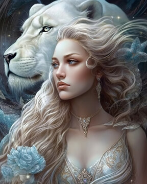 Pintura de una mujer con cabello rubio junto a un leon blanco. ilustracion de IA generativa