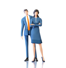Successful businessman and businesswoman stand  at white background. 3D rendering illustration. 