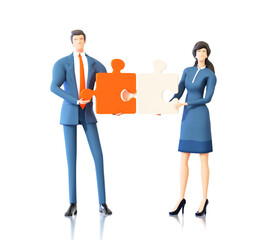 Successful businessman and businesswoman with puzzle pieces at white background. 3D rendering illustration. 