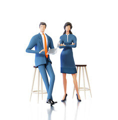 Obraz premium Successful businessman and businesswoman stand at white background. 3D rendering illustration. 