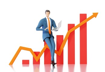 Successful businessman stand next to big graphs and arrow showing progress and growth. Economy and finance concept 3D rendering illustration. 