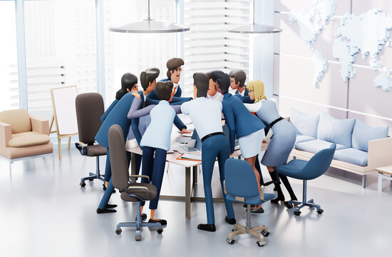 Business team hand-stack, business people celebrating success and professional achievement. People working together in office, collaborating on a project. 3D rendering illustration