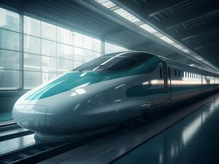 A silver futuristic bullet train is stopping at a train station. Has an aerodynamic design to minimize friction with the air. - obrazy, fototapety, plakaty