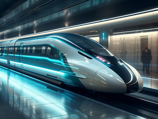 A silver futuristic bullet train is stopping at a train station. Has an aerodynamic design to minimize friction with the air. - obrazy, fototapety, plakaty