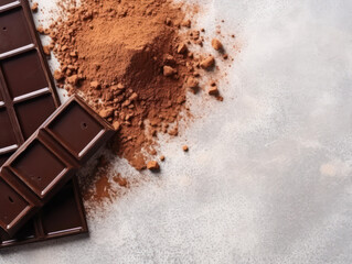 Fototapeta premium Chocolate bar, cocoa powder on white table, flat lay with copy space. AI generative