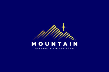 Mountains Logo in luxury, elegant, unique style with a stripe and star concept