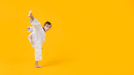 Banner: Asian-Australian girl poses in martial arts Practice taekwondo, karate, judo against a yellow background in the studio. Asian kids karate or Taekwondo martial arts. Sport kid training action. © VStudio