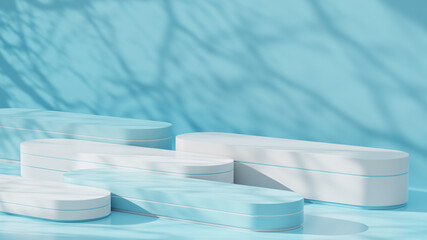 Blue background for product presentation with shadows and light. Empty platforms. Mockup for the...