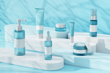 Set of unbranded cosmetic products on geometric platforms. Cosmetics for skin care. Shadows on blue background.