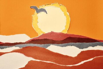 Layers of colored paper with torn edges. Landscape with the rising sun and birds. Abstract...