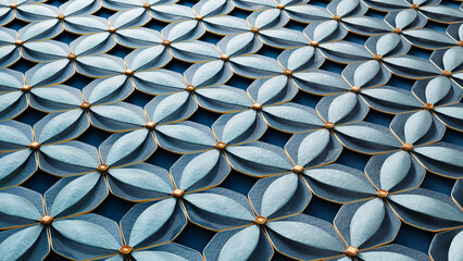 Abstract geometric beautiful background. Shiny ceramic blue tiles with golden elements. 3d render illustration.