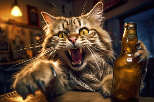 Drunk anthropomorphic cat in a bar holding a bottle of beer, getting into a fight, reacting agressively at camera. Dramatic close up