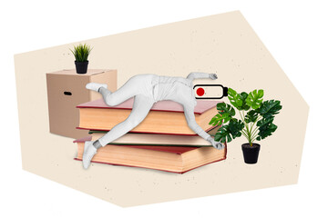 Collage image 3d photo sketch poster banner of tired weird faceless personage lying on big textbook encyclopedia novel preparing exam