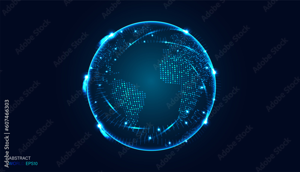 Wall mural abstract digital globe dot concept connection network moving communication on blue background futuri