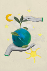 Eco friendly concept collage picture of hands holding planet earth save world growing green plant flowers isolated on beige background - obrazy, fototapety, plakaty
