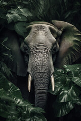 Elephant head portrait seen trough jungle trees and  lush leaves. Generative AI